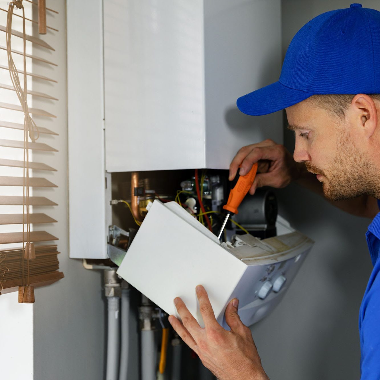 House gas heating boiler maintenance and repair service. worker in blue uniform